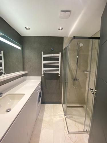 伊斯坦布尔Luxury Central Fully Equipped 2BR 2BA Apartment by Siena Suites的带淋浴和盥洗盆的浴室