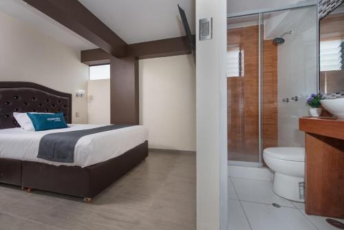 库斯科Olimpo Hotel Sauna & Spa的一间卧室设有一张床、淋浴和卫生间