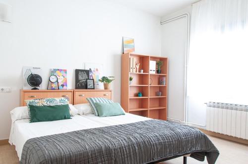 塔拉戈纳圣约迪大学旅舍的一间卧室配有一张带绿色枕头的大床