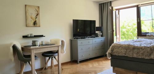 因泽尔Alpina Inzell Wohnung 454的一间卧室配有桌子、床和电视。