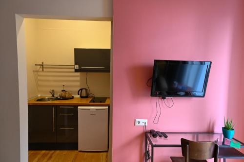 伊斯坦布尔11号酒店公寓的厨房设有粉红色的墙壁,墙上配有电视
