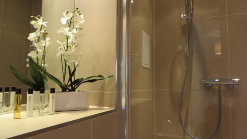 剑桥维耶城市之家酒店的架子上植物的淋浴浴室