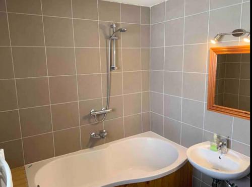 博希尼Family Home, Bohinj - Bled的带浴缸和盥洗盆的浴室