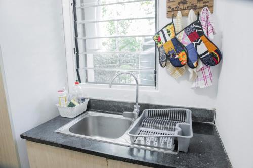 卢萨卡Retreat Aparthotel-Garden-Solar-Wi-Fi -Firepit-Park-carport的厨房水槽,窗户旁设有碗碟干燥架