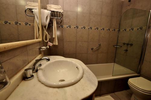 伊瓜苏港ARASARÍ Hotel Iguazú的一间带水槽、淋浴和卫生间的浴室