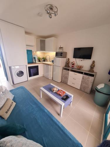 乐巴凯尔斯appartement vue mer pour 4 personnes accès direct plage wifi haut débit gratuit的客厅配有蓝色的沙发和桌子