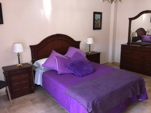麦迪纳·德尔·坎普Lacasadeyolandayedu的一间卧室配有一张带2晚台的紫色床