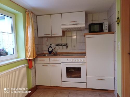 卡劳特格瑞斯赫Michel's Ferienwohnung的小厨房配有白色橱柜和微波炉