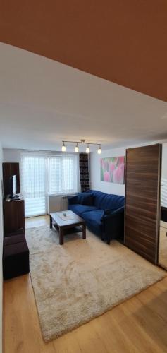 新松奇Apartament Centrum-Klimatyzowany的客厅配有蓝色的沙发和桌子