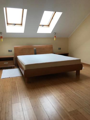 利沃夫Затишна квартира в спальному районі的一间卧室配有一张带两个天窗的床。
