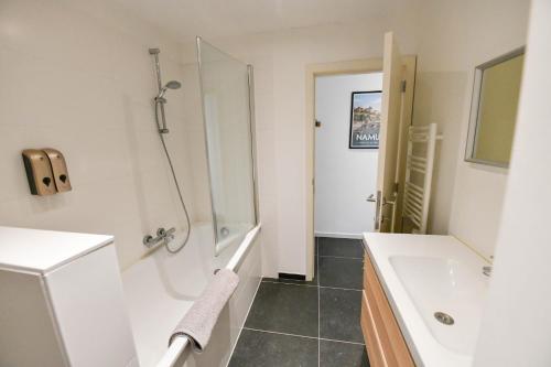 那慕尔Les Cerisiers - Appartement Cosy au Centre de Namur的带淋浴和盥洗盆的浴室