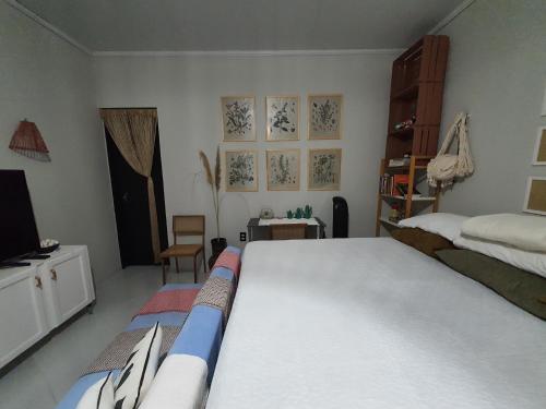 巴纳内拉斯Tiny Home Garden Bananeiras的一间卧室配有一张床和一台电视。