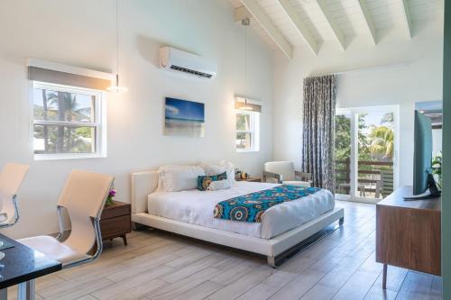 弗利盖特湾圣基茨皇家公寓式酒店的卧室配有一张床、一张书桌和窗户。