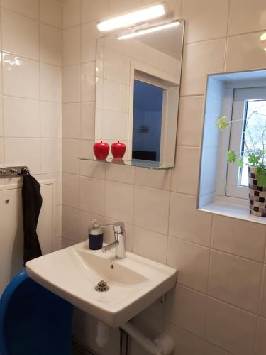 法伦StugaFalun的白色的浴室设有水槽和镜子