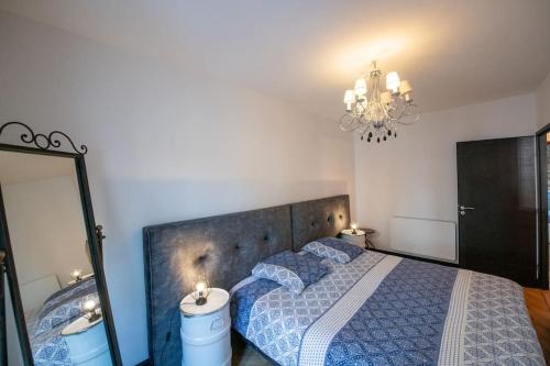 尚蒂伊La Suite de Chantilly - Appartement de 80m2 avec Jacuzzi privé !的一间卧室配有一张床、镜子和吊灯