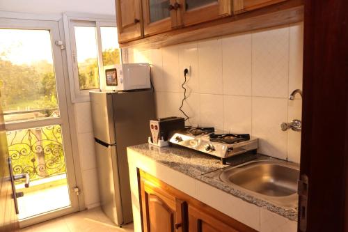 雅温得Le Mas Provençal - Appartements的厨房配有炉灶、水槽和窗户。