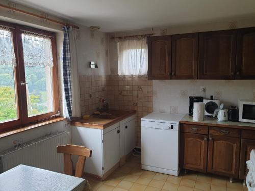Natzwillerle gutty - maison de vacances的厨房配有水槽和白色冰箱