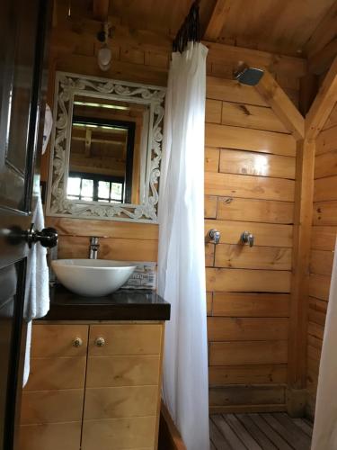 索加莫索Acogedora cabaña de madera en la naturaleza para desconectarse的一间带水槽和镜子的浴室