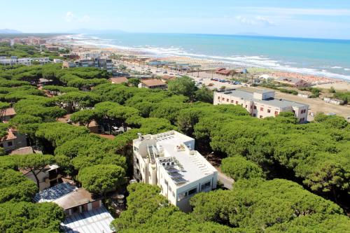 格罗塞托港罗斯玛娜酒店的享有树木和海滩的度假村空中景致