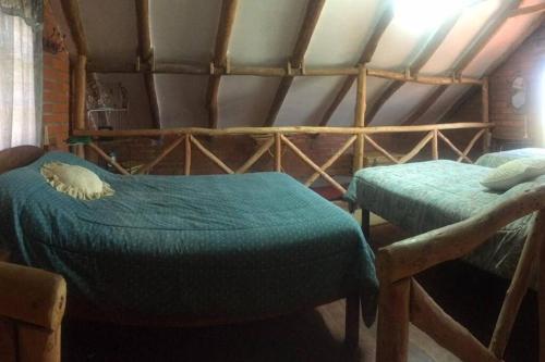 塔里哈Cabaña a orillas del Lago的一间设有两张床的客房,位于一个屋顶的房间