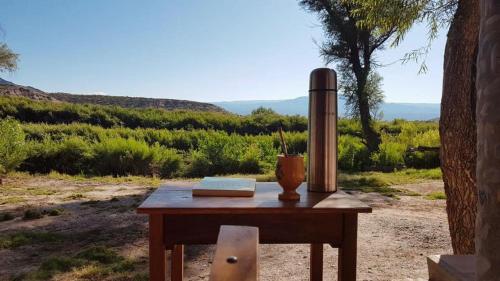 莫利诺斯Matices de Molinos Hostal的一张桌子,上面有一本书和一个花瓶