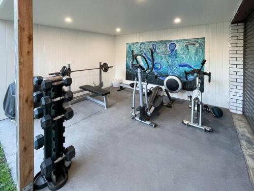 Cape WoolamaiIsland Retreat in Cape Woolamai的健身房,里面配有几台机器和墙上的绘画