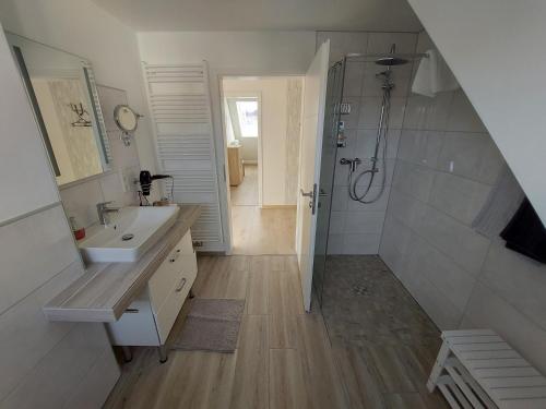 巴特维尔东根Bilsteinquelle的一间带水槽和淋浴的浴室