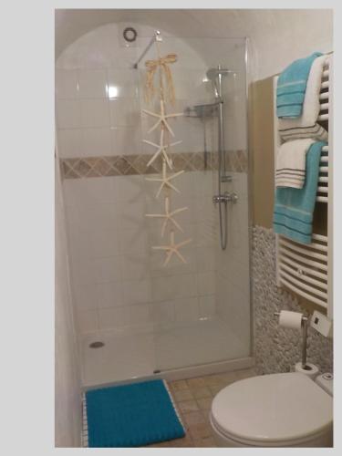拉西约塔FRAROCKA B and B的带淋浴、卫生间和毛巾的浴室
