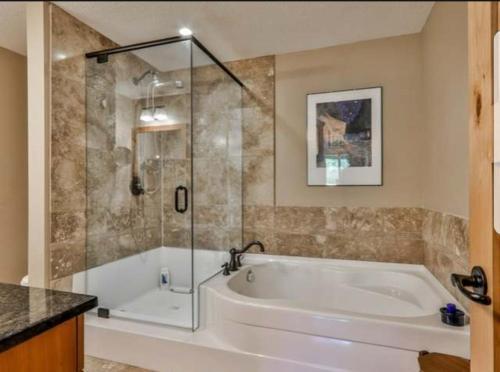 坎莫尔Luxurious Rundle Cliffs Lodge in Spring Creek的带浴缸和玻璃淋浴间的浴室。