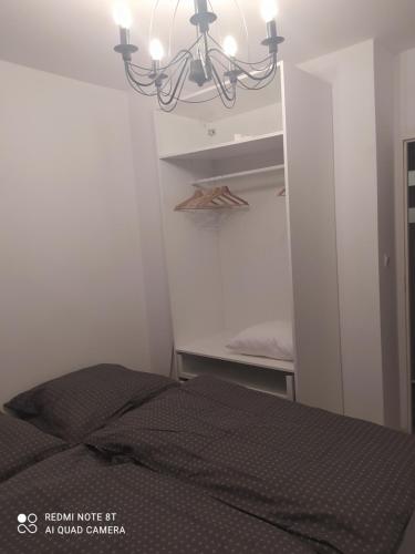 波兹南Apartament Brzechwy的一间带一张床和吊灯的小卧室
