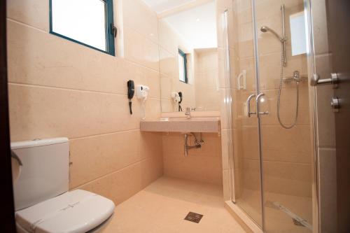 马赫穆迪亚蒙花园酒店的带淋浴、卫生间和盥洗盆的浴室