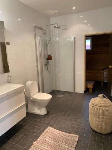 玛丽港Stava Mosters的浴室配有卫生间、淋浴和盥洗盆。