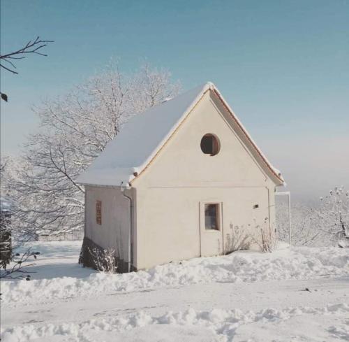 洛伊查赫Weinstöckl in der Südsteiermark的一座白谷仓,地面上积雪