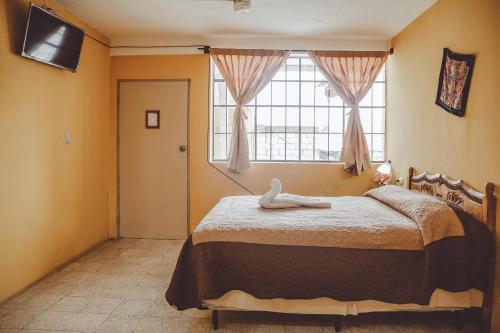 韦韦特南戈Hotel Shinula的一间卧室设有一张大床和一个窗户。