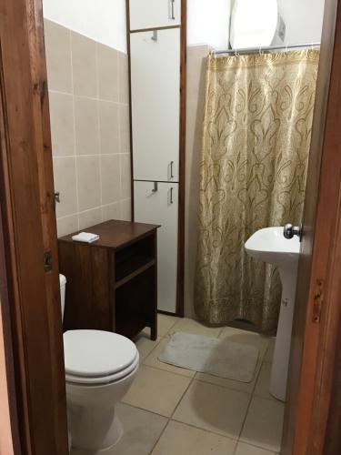 米纳斯Confortable espacio en Minas的浴室配有卫生间、盥洗盆和淋浴。