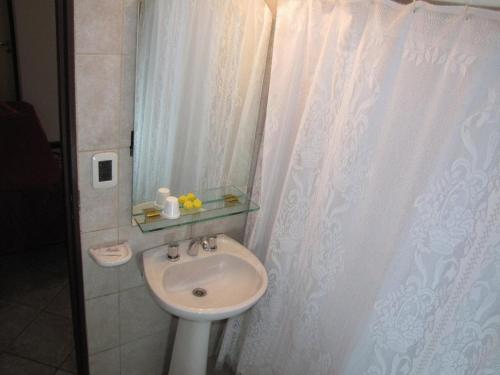 门多萨图恩克兰公寓酒店的一间带水槽和淋浴帘的浴室