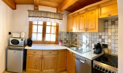 维拉尼BorászPorta的厨房配有木制橱柜、水槽和微波炉
