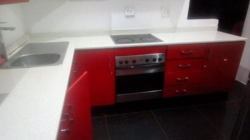 德班Jackies Guest House的红色的厨房配有炉灶和水槽