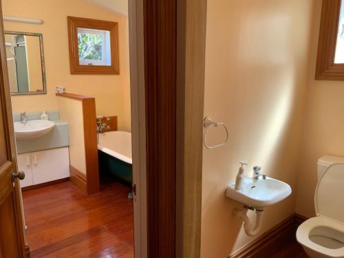 Port FitzroyGlenfern Sanctuary的浴室配有盥洗盆、卫生间和浴缸。