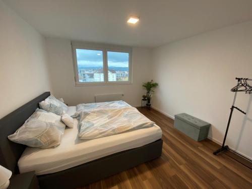 阿尔邦Apartment Seeblick in Arbon von Swisspartments的一间卧室配有一张床,房间设有窗户