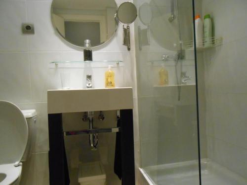 马德里马德里一室公寓的浴室配有盥洗盆和带镜子的淋浴