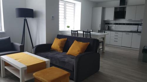 奥特穆胡夫Apartament STYL的带沙发和桌子的客厅以及厨房。