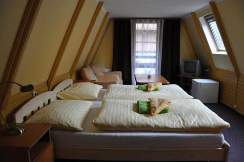 利特威诺夫劳茨基酒店的一间带两张床的卧室和一间带电视的客房。