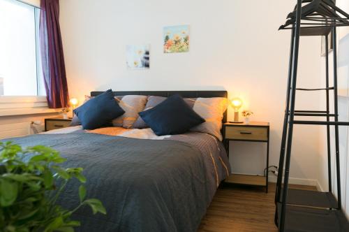 英格堡Spirit Apartments - Balkon - Bergsicht - Parkplatz的一间卧室配有一张带梯子的床和一张书桌