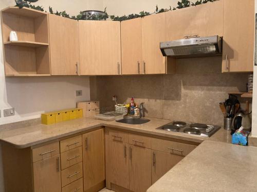 沙姆沙伊赫Cherry Apartment的厨房配有木制橱柜、水槽和炉灶。
