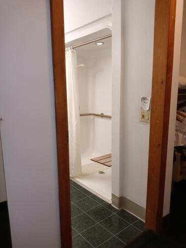 New MartinsvilleNew Martinsville Inn的浴室配有带浴帘的步入式淋浴间