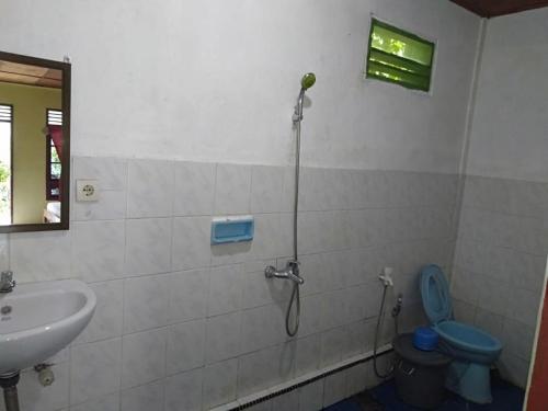 图克图克Sibayak Guesthouse的带淋浴、卫生间和盥洗盆的浴室