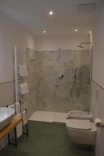 佩利扎诺科瓦酒店的带淋浴、卫生间和盥洗盆的浴室