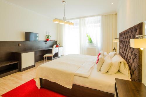 米库洛夫Hotel Bonsai的一间卧室配有一张带书桌的床和红色地毯。