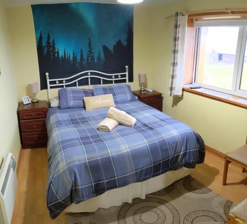 约翰奥格罗茨Hamnavoe John o Groats Hostel的一间卧室配有蓝色的床和2条毛巾